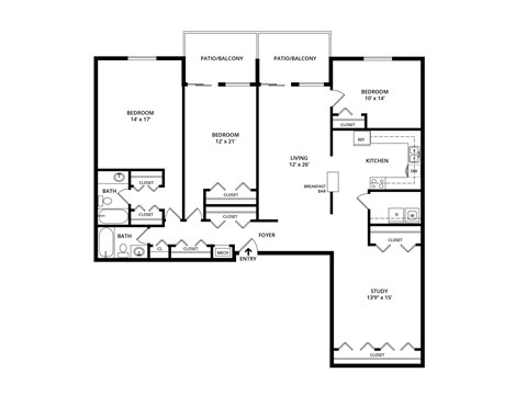 Floor plan for 3 beds, 2 baths, 1780 sqft